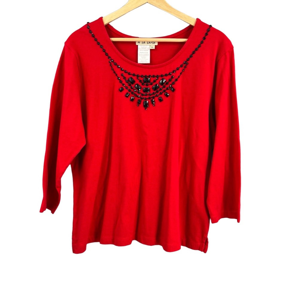 A La Carte Red Embellished Long‎ Sleeve Cotton Top Beaded Necklace Look XL